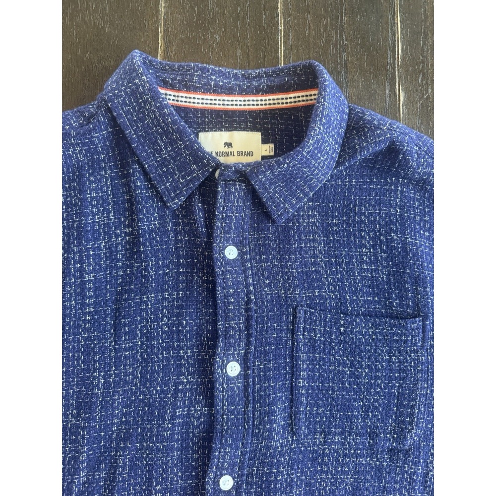 The Normal Brand Mens L Navy Textured Short Sleeve Button Up Shirt Pocket